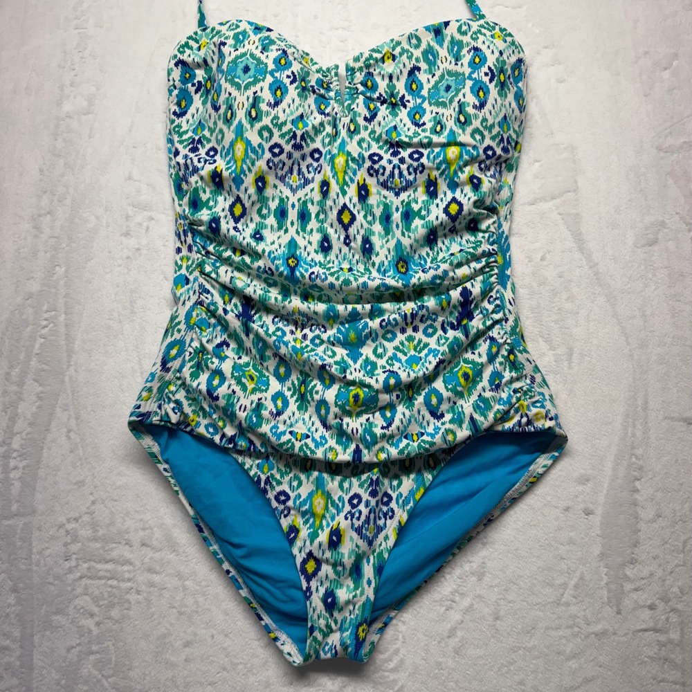 Tommy Bahama One Piece Swimsuit 10 Blue Green Ikat Ruched Tummy Control Halter